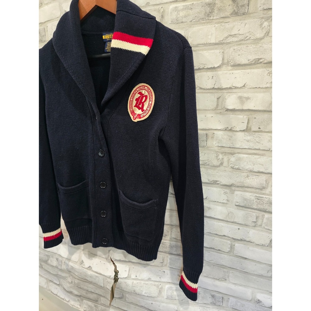 Ralph Lauren Rugby Size M Cardigan Sweater Navy Crest Linen Varsity Collegiate - Picture 10 of 11